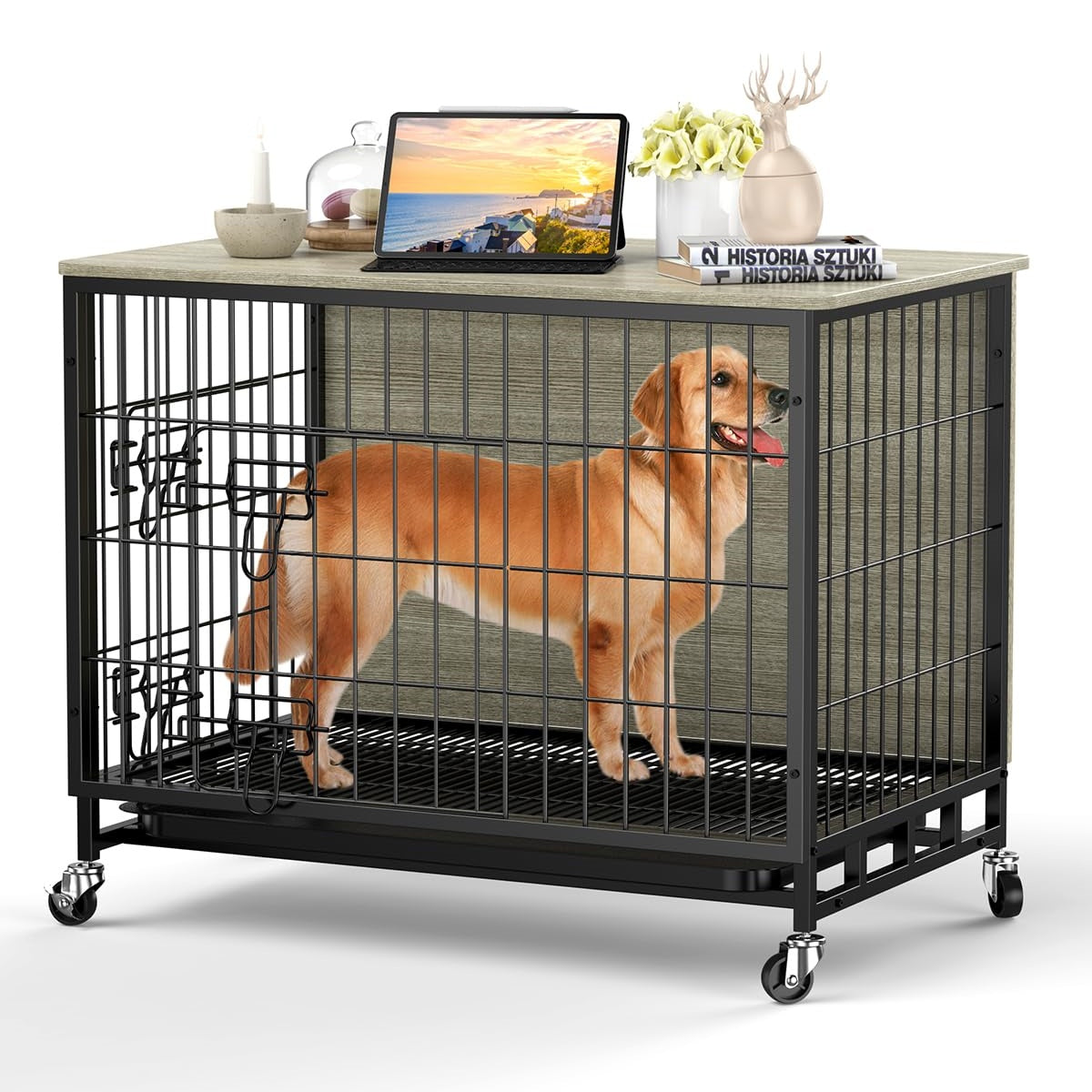 Garvee Dog Crate Furniture, Furniture Style Dog Crate with Removable Tray and Wheels, Heavy-Duty Double-Doors Dog Cage End Table, 27.2" Wooden Dog Kennel, Indoor Dog House, Grey