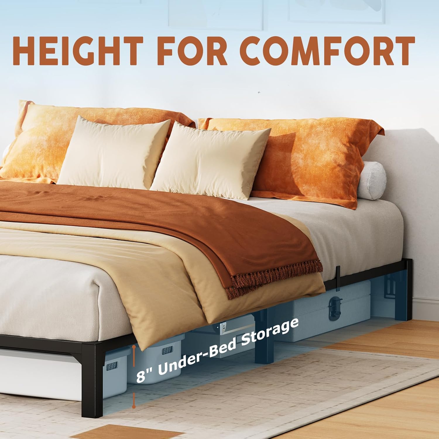 Garvee Queen Bed Frame Metal 8 Inch, Heavy Duty Platform Bed Frame with Reinforced Slats Support, 800 Lbs Load Capacity, Noise Free, No Box Spring Needed and Screws, Tool-Free Assembly