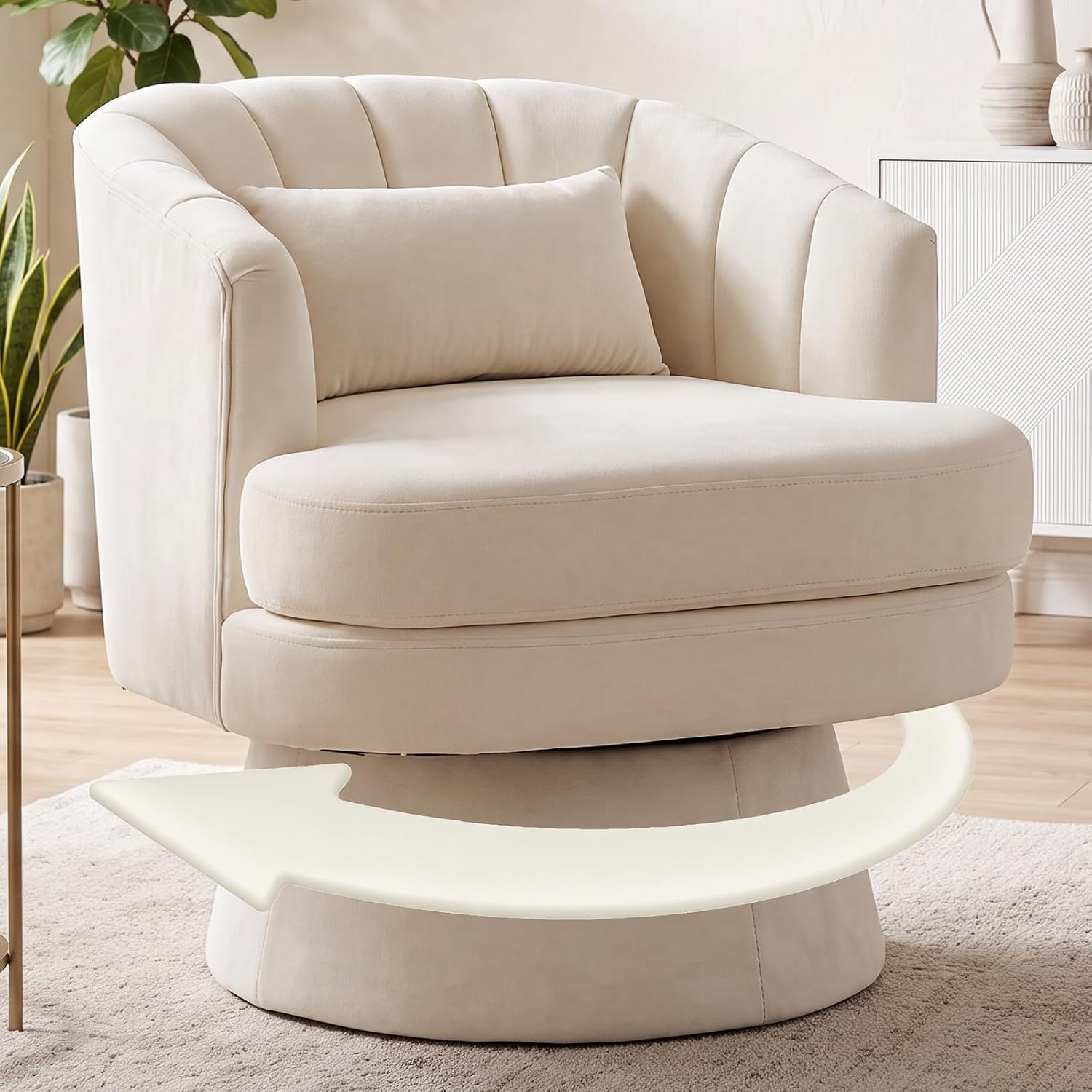 Garvee 360° Swivel Barrel Accent Chair with Lumbar Pillow, Soft Upholstered Single Armchair, Round Base for Living Room/Bedroom/Vanity - With lumbar pillow | velvet | beige