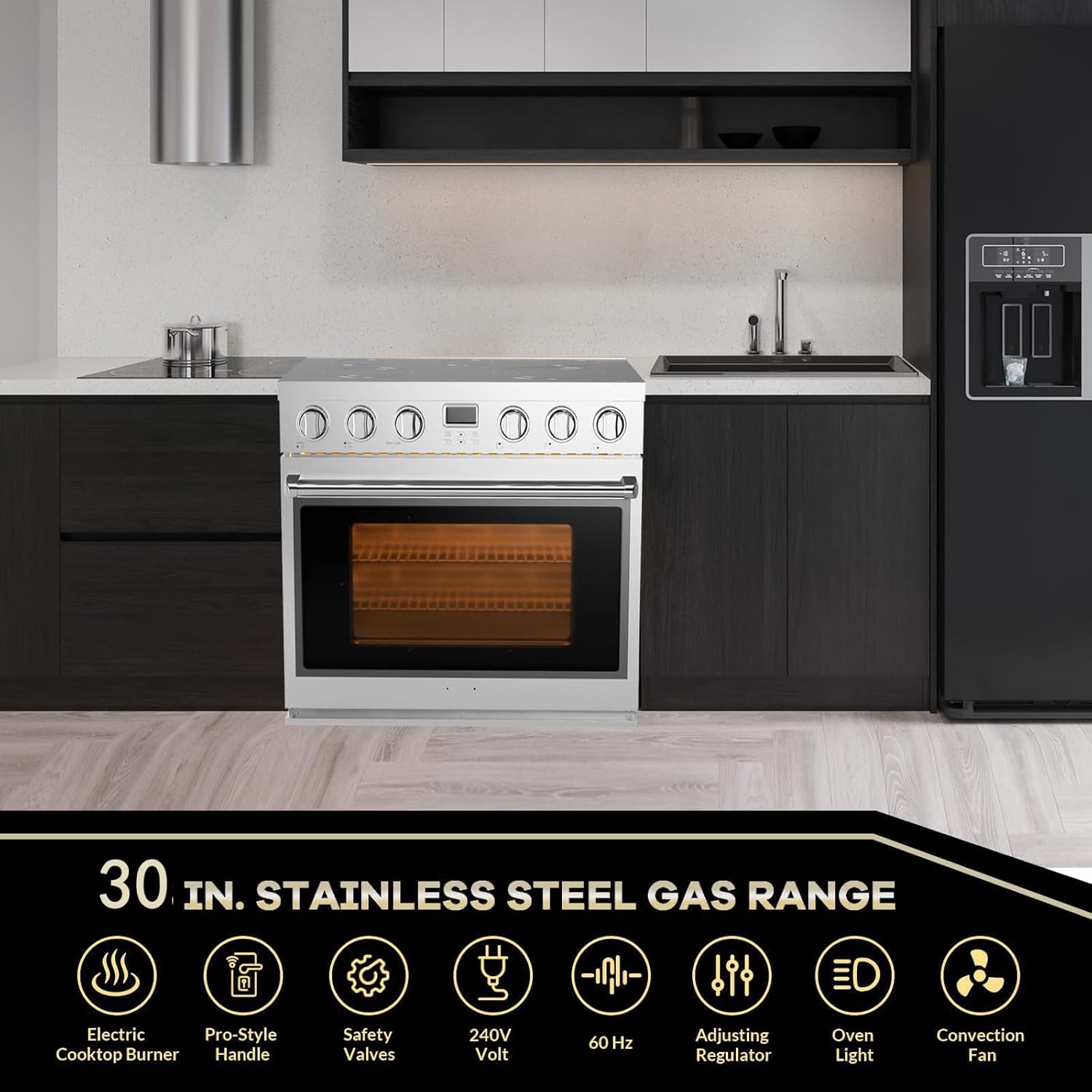 Garvee Professional Electric Range with 4 Heating Elements Cooktop,30“ Convection Oven Capacity,in Stainless Steel,Clock and Timer,Smooth Glass Top