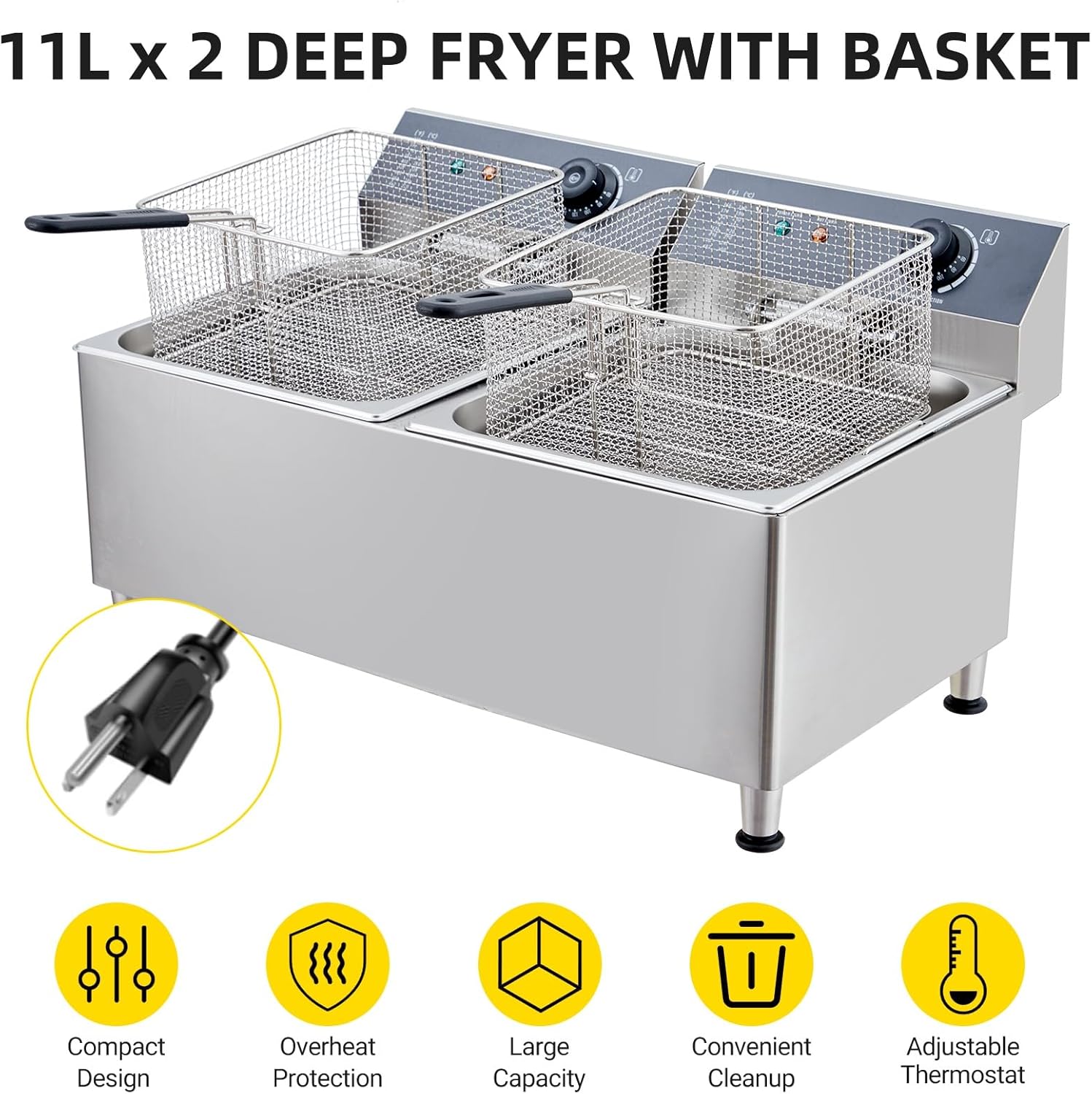 Garvee 23.2QT Deep fryer, Commercial Deep Fryer 22L Dual Tank Electric Deep Fryers with Basket Electric Countertop Fryer, for Extra Large Thick Frying Basket and Lid, 1700 W, 110V