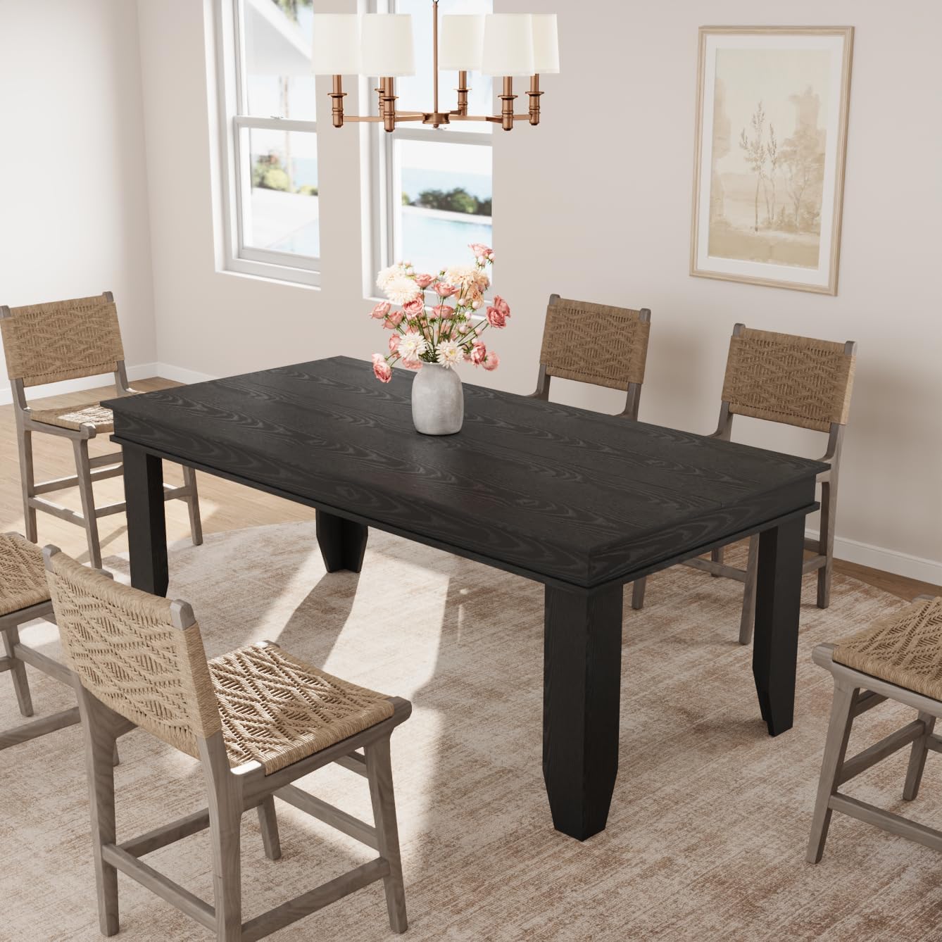 Garvee Farmhouse 71" Wood Rectangular Dining Table with L-Shaped Legs Suitable for 6-8 People for Dining Room, Black