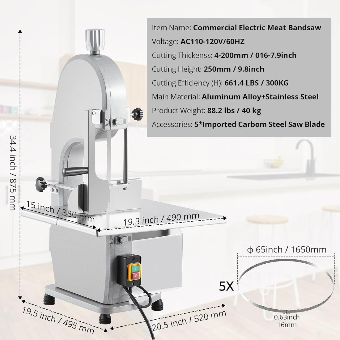 Garvee Meat Cutter Machine, 110V 1500W Electric Bone Saw, 19.3" x 15" Workbeach, 0.16-7.9 Inch Cutting Thickness, Sawing Speed 19m/s, 2.01HP Butcher Bandsaw With 5 Saw Blades for Fish Beef