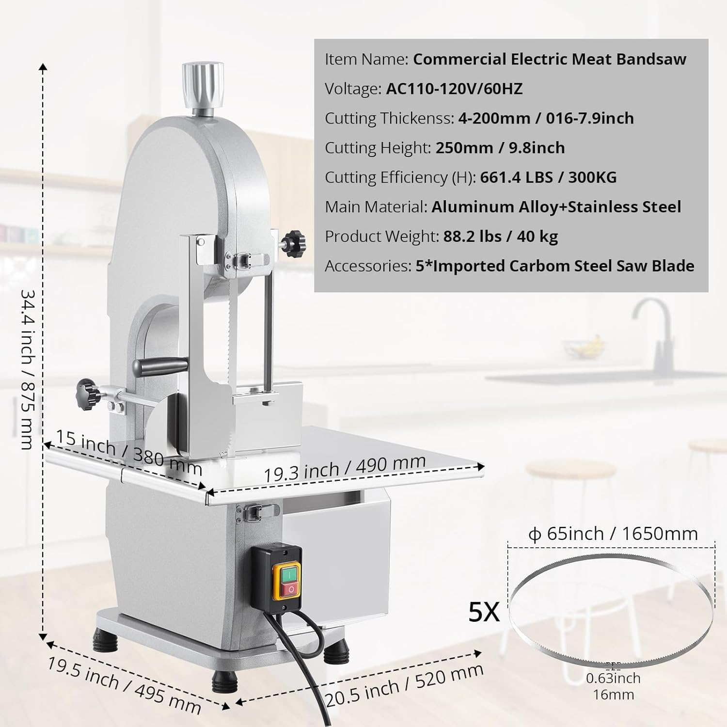 Garvee Meat Cutter Machine, 110V 1500W Electric Bone Saw, 19.3" x 15" Workbeach, 0.16-7.9 Inch Cutting Thickness, Sawing Speed 19m/s, 2.01HP Butcher Bandsaw With 5 Saw Blades for Fish Beef