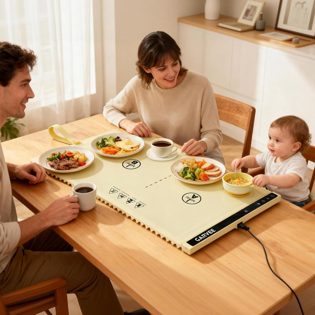 GARVEE 2-Zone Heating Food Mat - 24"X15" Warming Mat for Food Rollable Full-Surface Warmer with 6 Temp Settings & 3H Timer, Anti-Slip Heat-Insulated Pad for Meals (Cream)