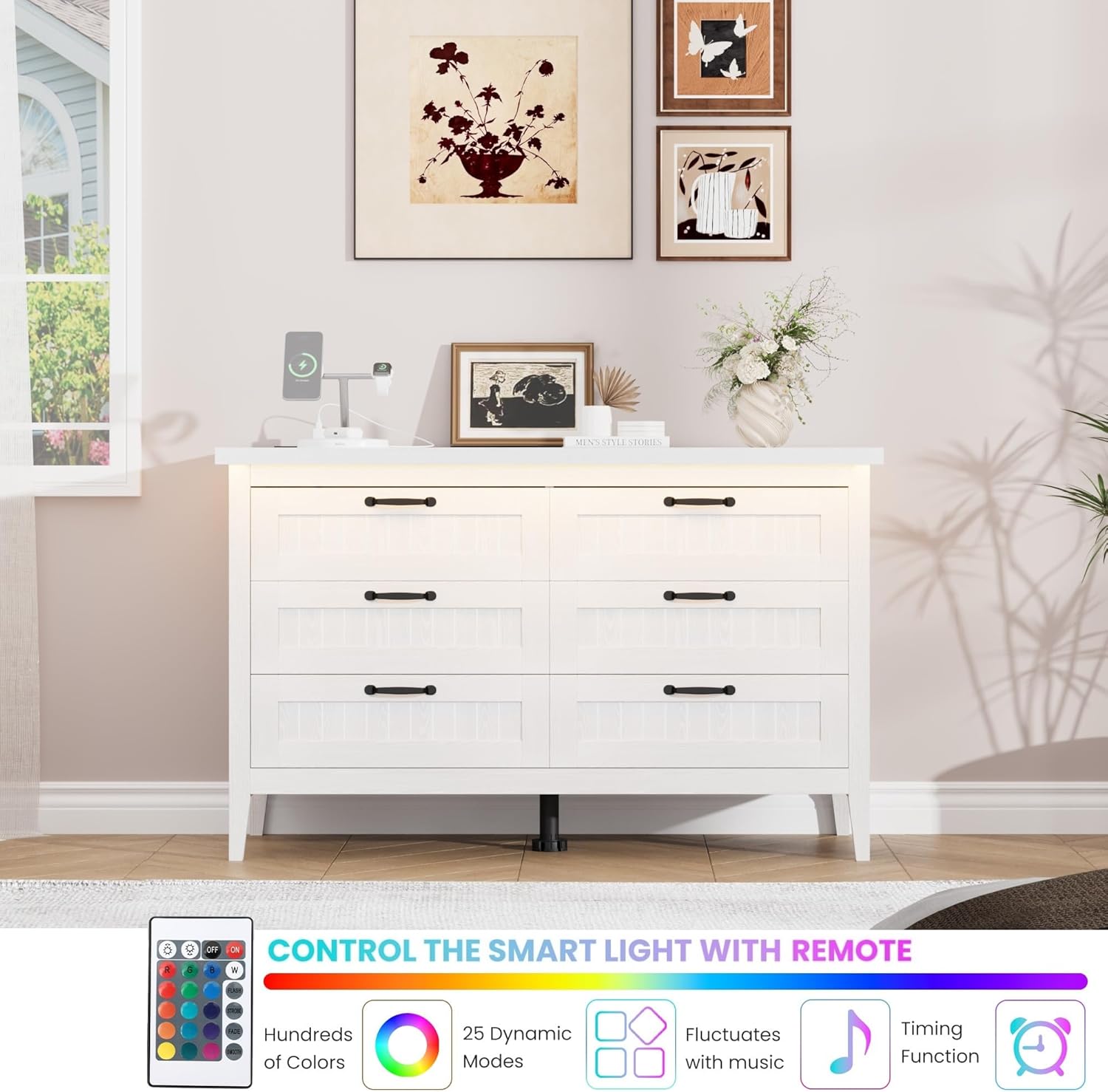 Garvee 6 Drawer Dresser with Power Outlet, White Dresser with LED Light, Modern Chest of Drawers for Closet, Double Wide Drawer Organizer Cabinet for Bedroom, Living Room
