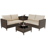 Garvee Outdoor PE Wicker Furniture Set, 6-Piece Patio Sectional Couch Set with Storage Box & Glass Top Table & Beige Cushion for Garden Poolside