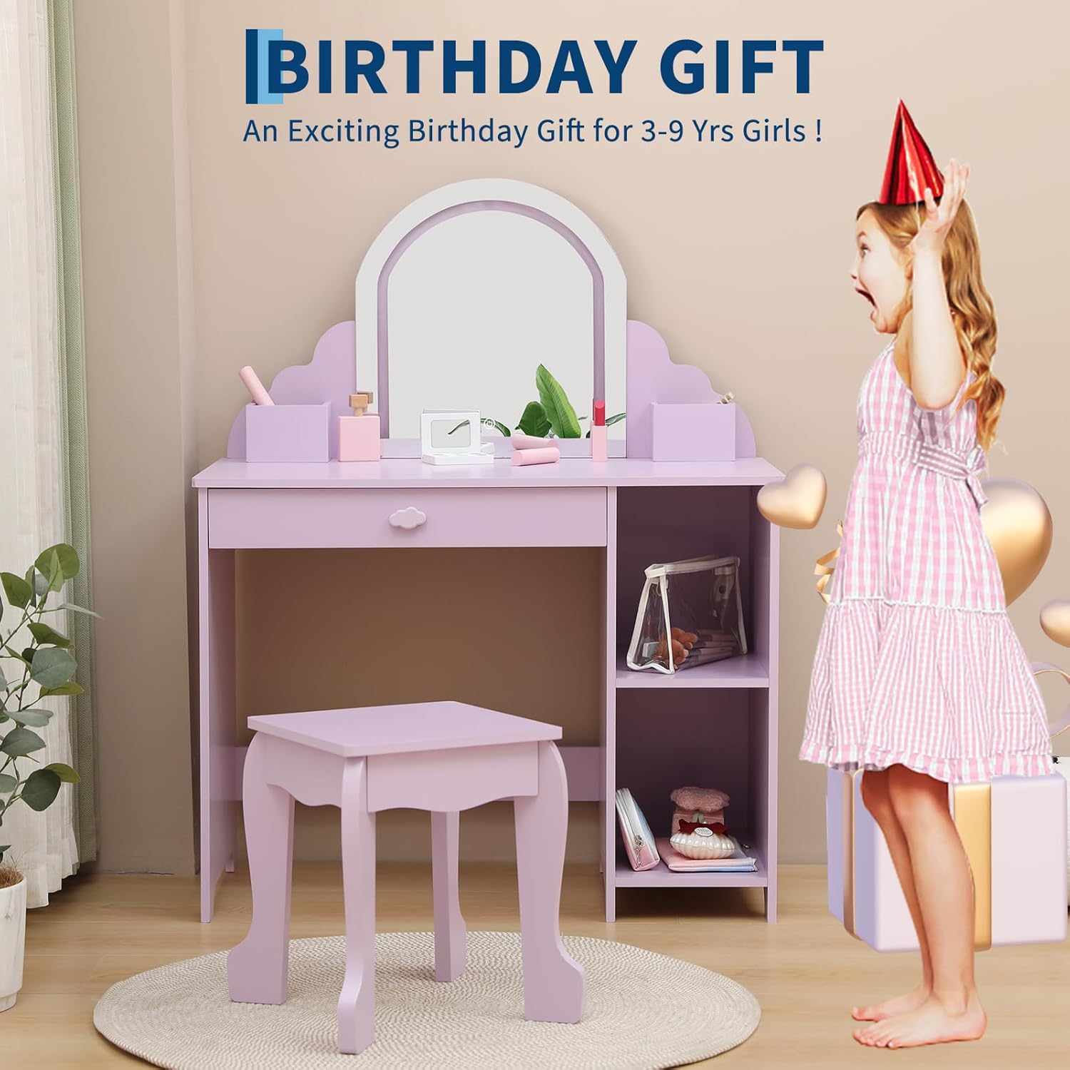 Garvee Kids Vanity with Lighted Mirror, 2 In 1 Little Girls Vanity Table & Stool, Kids Makeup with Drawer & Open Shelves for 3-9 Yrs Girls, Purple
