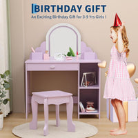 Garvee Kids Vanity with Lighted Mirror & Stool, 2 In 1 Little Girls Vanity and Wooden Makeup Playset with Adjustable LED Light, Storage Drawer & Shelves for Girls 3-9, Purple