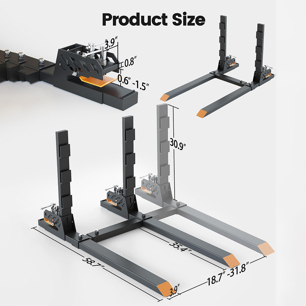 Garvee 4000 LBS 60" Heavy Duty Clamp-on Pallet Forks + Anti-roll Bar + Twin Screw Design + Yellow Tongue + Adjustable Stabilizer Bar + Tractor Attachment + Suitable for Tractor Bucket Loader Skid Steer