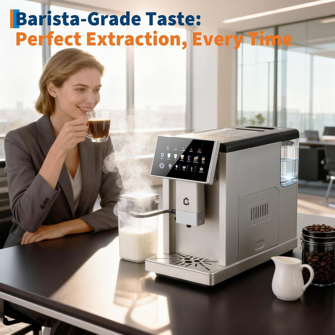 GARVEE 20 Bar Fully Automatic Espresso Machine & Coffeemaker with Integrated Grinder, One-Touch Milk Frother, Dual Boiler, Self-Cleaning, Adjustable Settings, Silver