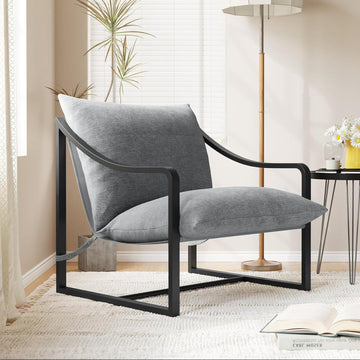Garvee Mid-Century Modern Sling Accent Chair, Comfy Fabric Living Room Chairs with Heavy Duty Metal Frame, Lounge Reading Armchair for Living Room Bedroom, Easy Assembly, Gray