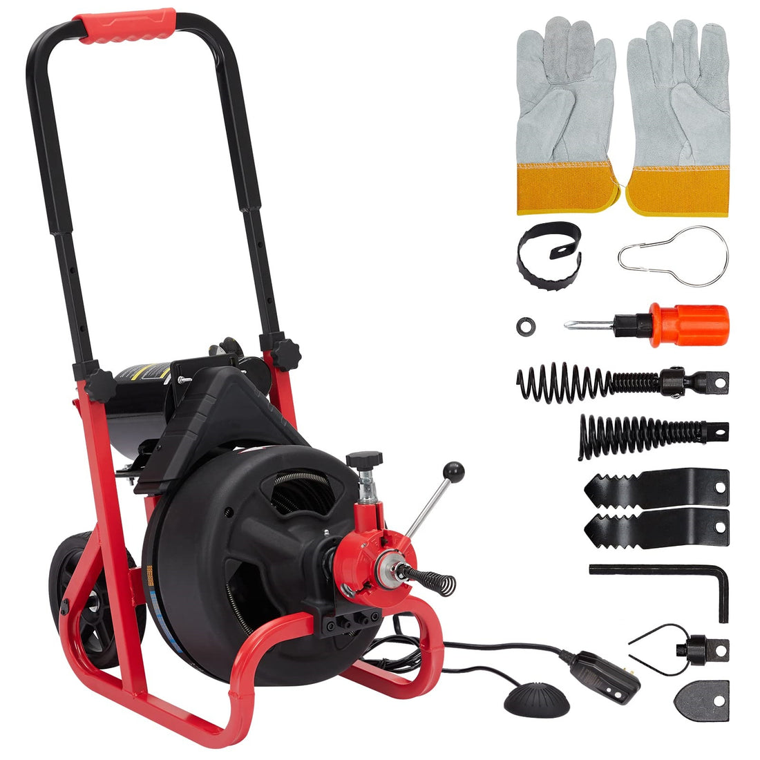 Garvee 100Ft x 3/8 Inch Drain Cleaner Machine, Auto-feed Electric Drain Auger Professional 6.8A, Air-Activated Foot Switch, with 6 Cutters, Glove, Drain Auger Cleaner Sewer Snake