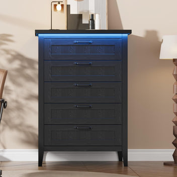 Garvee 5 Drawer Dresser for Bedroom with Charging Station and LED Lights, Farmhouse 44.9" Tall Chest of Dresser with Large Storage for Living Room, Hallway & Entryway, Black
