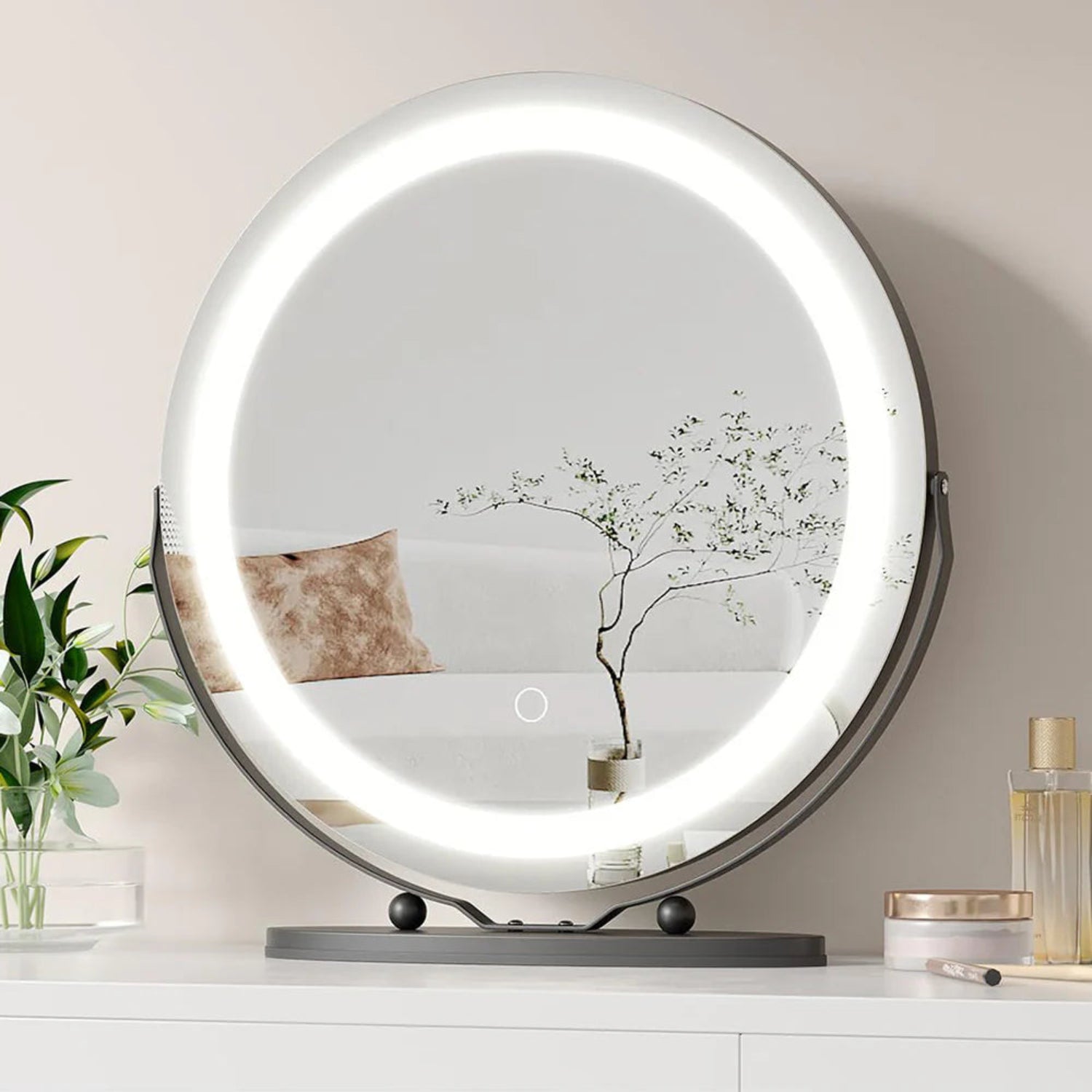 Garvee 19" Vanity Mirror with Led Lights, Large Round HD Makeup Mirror with Touch Control and 3 Color Lighting Modes, 360° Rotating Vanity Mirror for Bedroom, Table Top, Easy to Install, Black