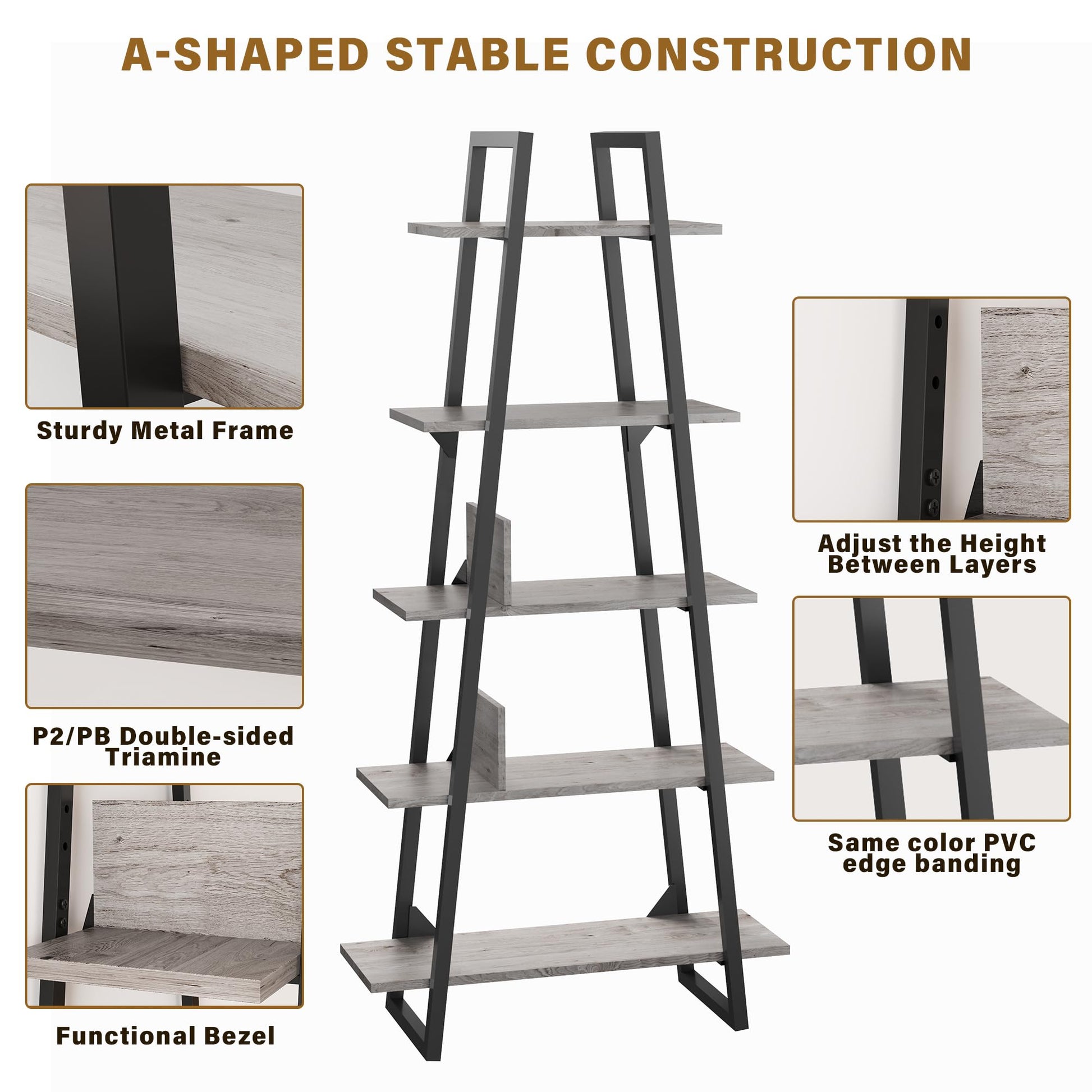 A black metal and gray wood ladder bookshelf with five shelves, with detailed product features.