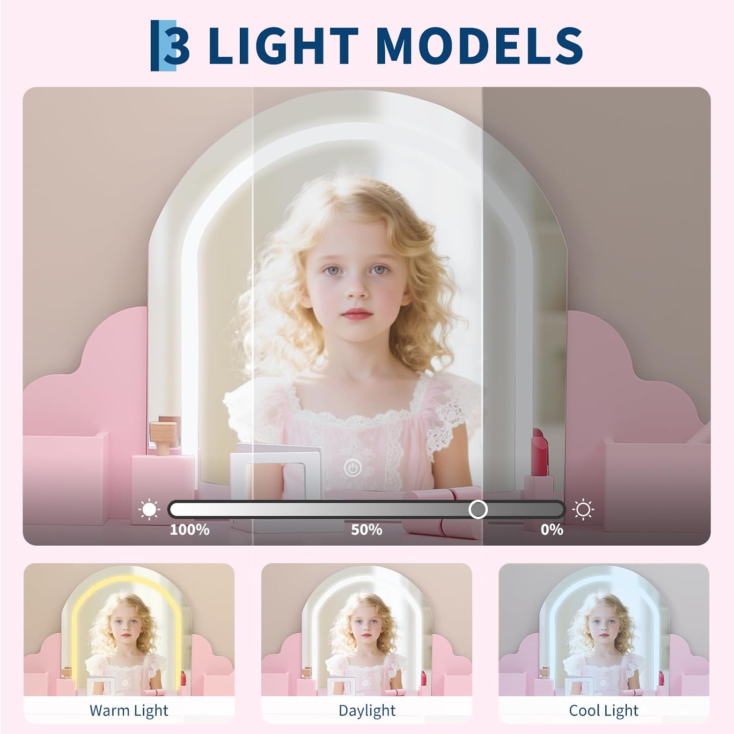 Garvee Kids Vanity with Lighted Mirror & Stool, 2 In 1 Little Girls Vanity and Wooden Makeup Playset with Adjustable LED Light, Storage Drawer & Shelves for Girls 3-9, Pink