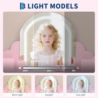 Garvee Kids Vanity with Lighted Mirror & Stool, 2 In 1 Little Girls Vanity and Wooden Makeup Playset with Adjustable LED Light, Storage Drawer & Shelves for Girls 3-9, Pink