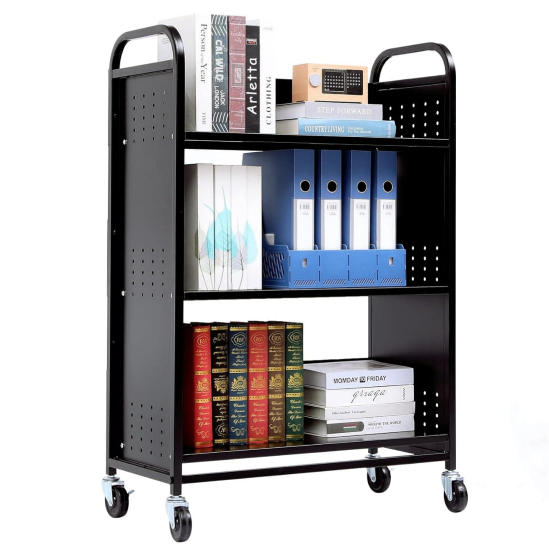 Book Cart with Wheels, 200LBS Steel Library Cart, 30x14x49 Inch Rolling Carts with 3 Layer Bookshelf, Single Sided V-Shaped Shelves, Lockable Bookcase Truck for Office, Home, School Organizer Black
