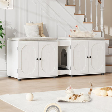 Garvee Cat Litter Box Enclosure, 55.1" Double Litter Box Furniture Large Cat Box Enclosure Kitty Litter Box for 2 Cats Hidden Cat Litter Cabinet Double Cage with Cat Litter Pad, White | Oval