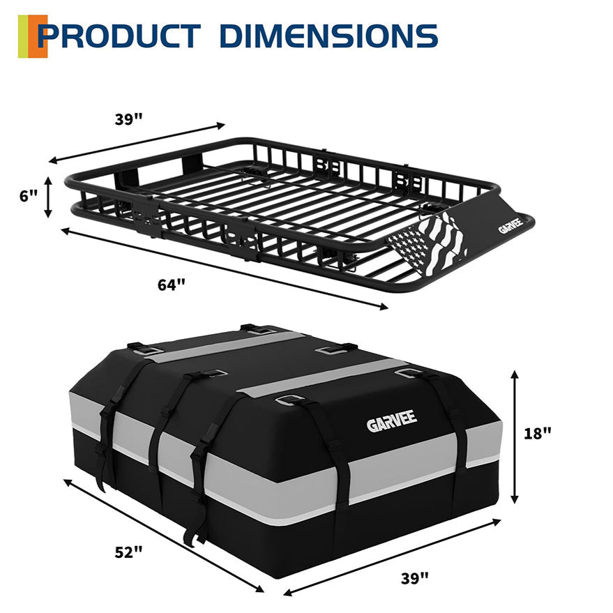 Garvee 64"x39"x6"  Universal Roof Rack Basket - 200 lbs Capacity Rooftop Cargo Carrier with 21 Cubic Feet Waterproof Luggage Bag (52"x39") for SUVs, Trucks, and Vehicles
