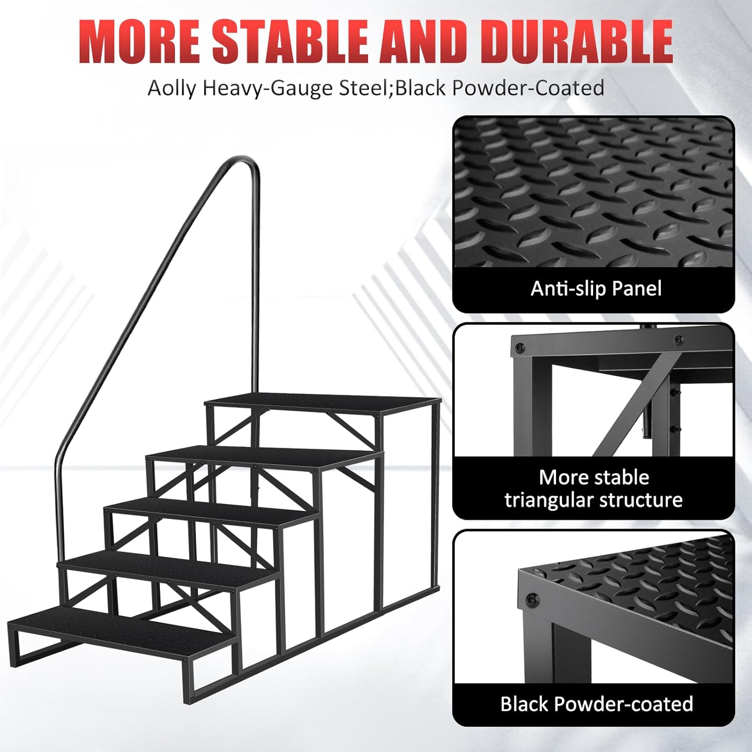 Garvee RV Steps with Handrail 5-Step Anti-Slip Ladder 660 lbs Load Rustproof Iron Portable for Mobile Homes Hot Tubs Trailer Porch
