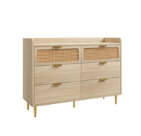 Garvee 6 Drawer Rattan Dresser, Narrow Wicker Chest of Drawer with Railed Edge, Metal Legs, Gold Handles, Farmhouse Wooden Storage Dresser for Bedroom, Nursery, Light Oak