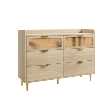Garvee 6 Drawer Rattan Dresser, Narrow Wicker Chest of Drawer with Railed Edge, Metal Legs, Gold Handles, Farmhouse Wooden Storage Dresser for Bedroom, Nursery, Light Oak