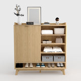 Garvee Narrow Fluted Shoe Cabinet Storage for Entryway, Wood Large Freestanding Shoe Organizer Cabinet with Sliding Door, 2 Flip Drawers, Adjustable Shelves, Rack & Bottom Open Shelf, 15.75 Inch, Elegant Wood Finish - Natural Oak
