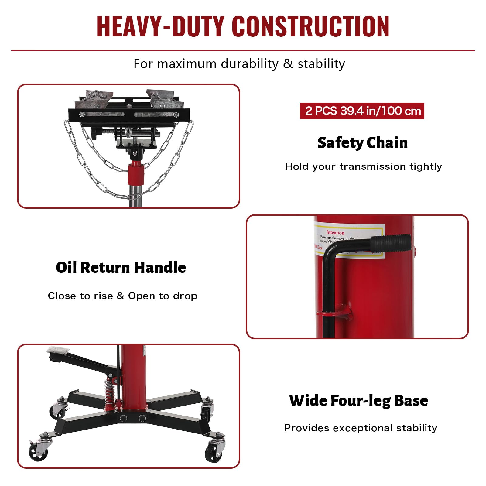 red steel transmission jack with wide four leg base