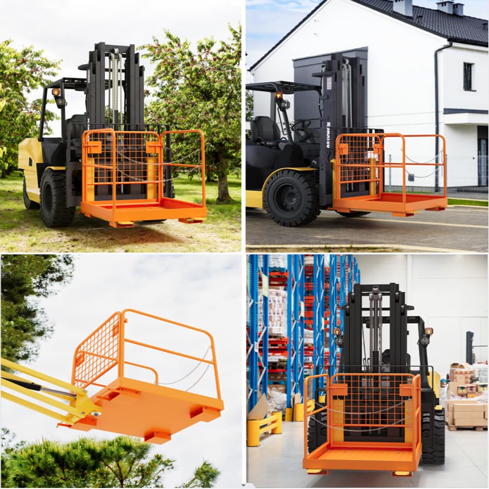 Forklift Safety Cage, Foldable Forklift Work Platform,36x36 Inch Forklift Man Basket 1200lbs Capacity with Protective Guardrail Chian for 1-3 People Drain Hole, Perfect for Aerial Work