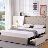 Garvee Full Bed Frame with 4 Storage Drawers, Type-C & USB Charging Ports, Upholstered Wingback Headboard, No Box Spring Needed, Easy Assembly - Beige