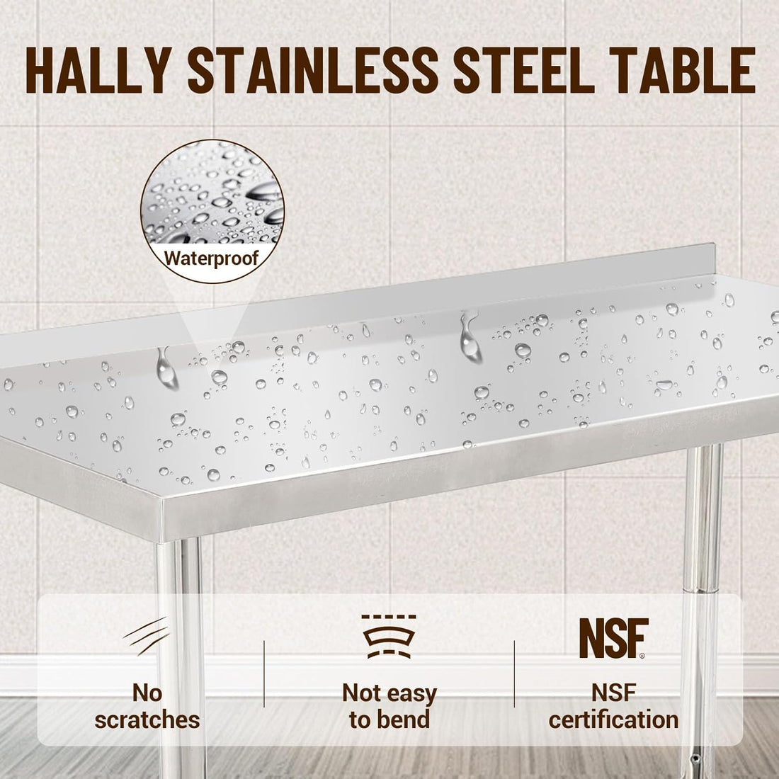 Garvee 48"L x 24"W x 35"H Stainless Steel Work Table Heavy Duty Prep Table with Undershelf, High Load Bearing Metal Table, Commercial Worktable with Backsplash, 4 Wheels, Hooks for Kitchen