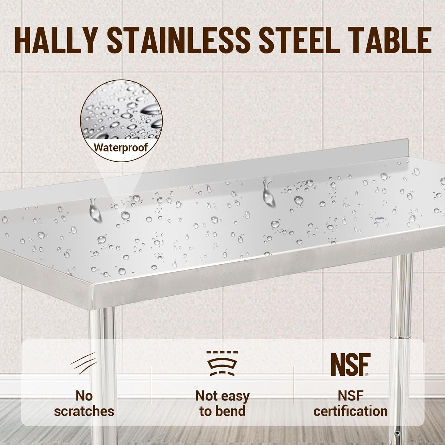 Garvee 48"L x 24"W x 35"H Stainless Steel Work Table Heavy Duty Prep Table with Undershelf, High Load Bearing Metal Table, Commercial Worktable with Backsplash, 4 Wheels, Hooks for Kitchen