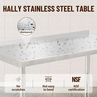 Garvee 48"L x 24"W x 35"H Stainless Steel Work Table Heavy Duty Prep Table with Undershelf, High Load Bearing Metal Table, Commercial Worktable with Backsplash, 4 Wheels, Hooks for Kitchen