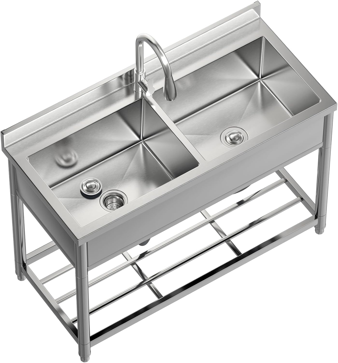 Garvee 22"D x 47"W x 37"H 2-Compartment Commercial Sink, Stainless Steel Utility Sink with Pull-out Faucet, Free Standing Double Bowl Kitchen Sink for Restaurant, Garage, Shop, Cafe, Outoor