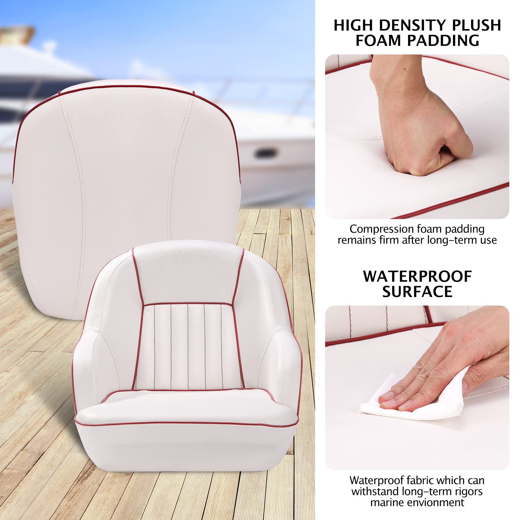 Pontoon Boat Seat, Captains Bucket Boat Seat, Back Folding Boat, Boat Cabin Seating (White/Red)