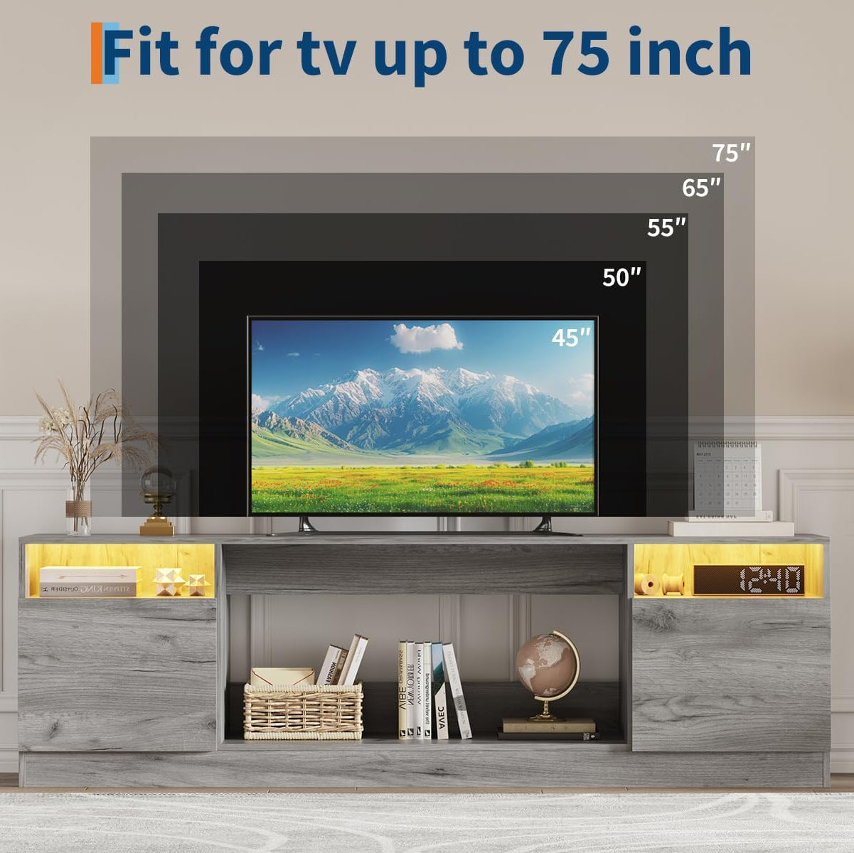 Garvee Modern TV Stand for TV Up to 75" TV, 70" Grey Television Console Table Cabinets with Storage,Wooden Entertainment Center for Living Room, Fits Into 36'' Electric Fireplace(Not Included Fireplace)