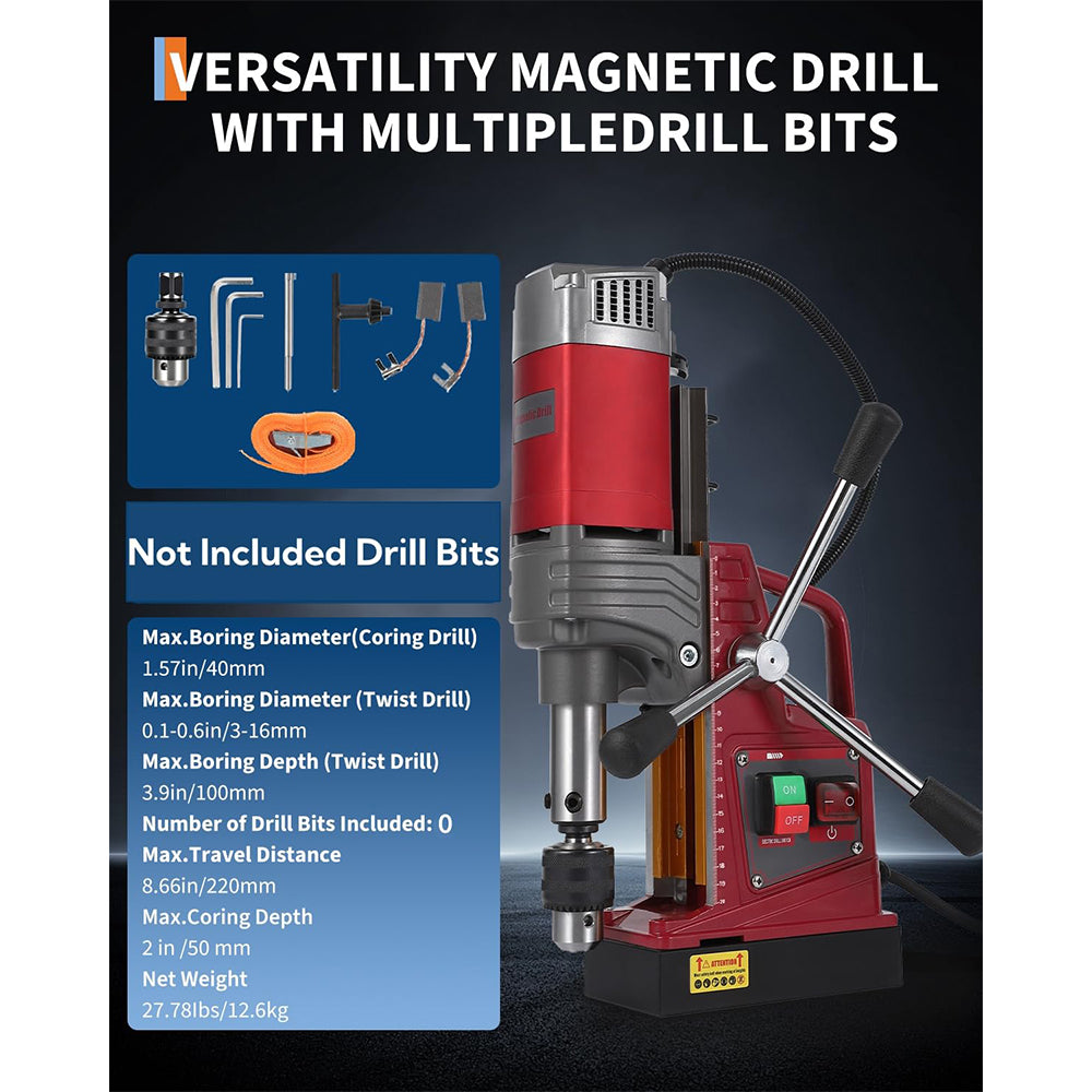Garvee Magnetic Drill Press - 1.57" Boring Diameter, 820 RPM, 2922 lbf/13000N, 1450W Portable Magnetic Drill Kit with Adapter, Double Dovetail, Electric Drilling Machine for Home and Industry
