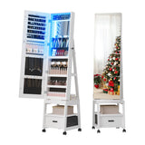 Garvee 360° Swivel Jewelry Cabinet with LED Lights, Inside Makeup Mirror, Rotatable Full Length Mirror with Jewelry Storage, Lockable Standing Jewelry Armoire Organizer with Drawer and Wheels (White) - White