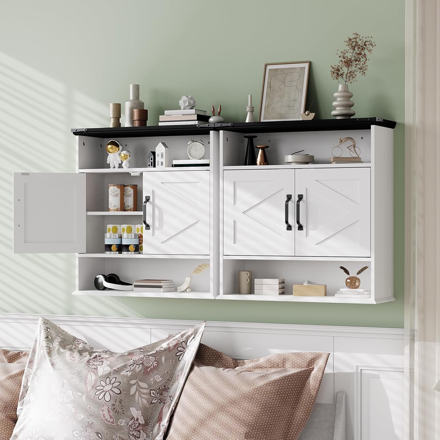 Garvee Bathroom Wall Cabinet with Barn Doors and Open Storage, White