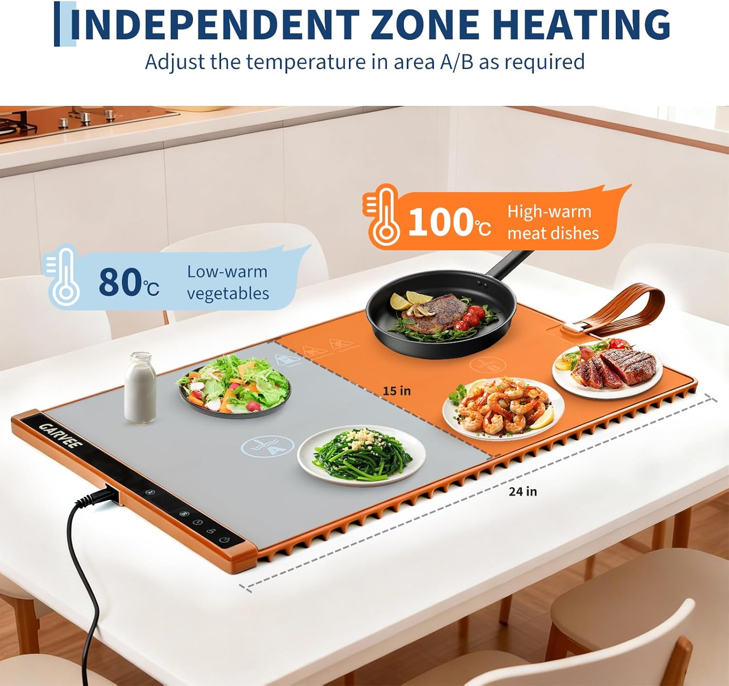 GARVEE 2-Zone Heating Food Mat - 24"X15" Warming Mat for Food Rollable Full-Surface Warmer with 6 Temp Settings & 3H Timer, Anti-Slip Heat-Insulated Pad for Meals (Orange)