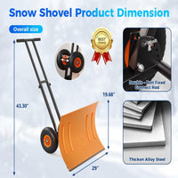 Garvee 29" Snow Pusher Shovel with Wheels - Heavy Duty Steel, 5-Position Adjustable Blade, Ergonomic Handle, Anti-Skid Wheels, Powder-Coated, Orange, for Driveway & Sidewalk