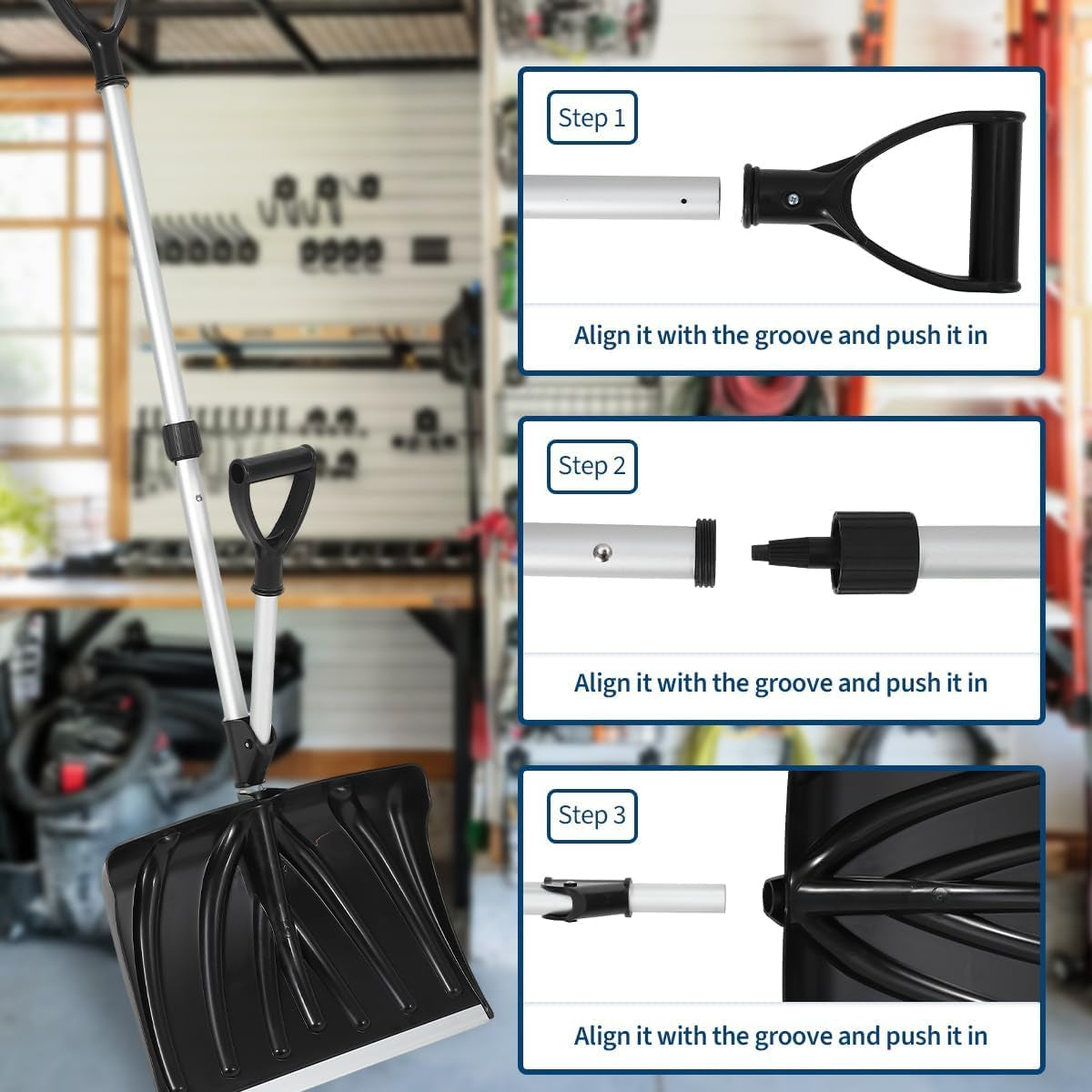 Garvee 17.7"W X 12.6"H Ergonomic Dual D-Ring Snow Shovel – 18" Wide Blade with Aluminum Edge – Lightweight Snow Removal Tool for Driveway, Walkway, Car, Yard – Black Shovel with Silver Rod