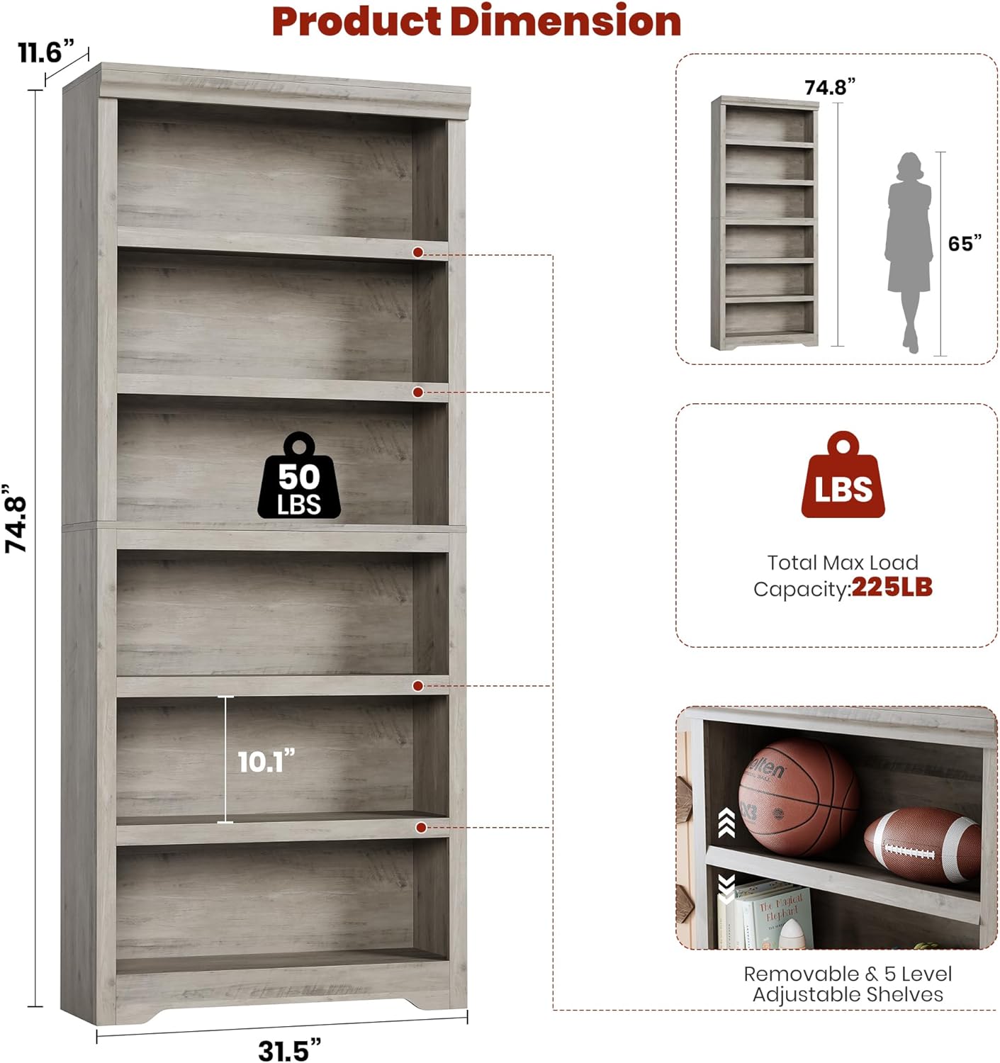 Garvee 6 Tier Bookshelf, 75" Tall Farmhouse Bookcase with Adjustable Shelves, 31.5" W Floor Standing Open Display Storage Rack with Anti-Slip Design for Home Office, Balcony, Library, Study / Living Room, Gray