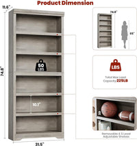 Garvee 6 Tier Bookshelf, 75" Tall Farmhouse Bookcase with Adjustable Shelves, 31.5" W Floor Standing Open Display Storage Rack with Anti-Slip Design for Home Office, Balcony, Library, Study / Living Room, Gray