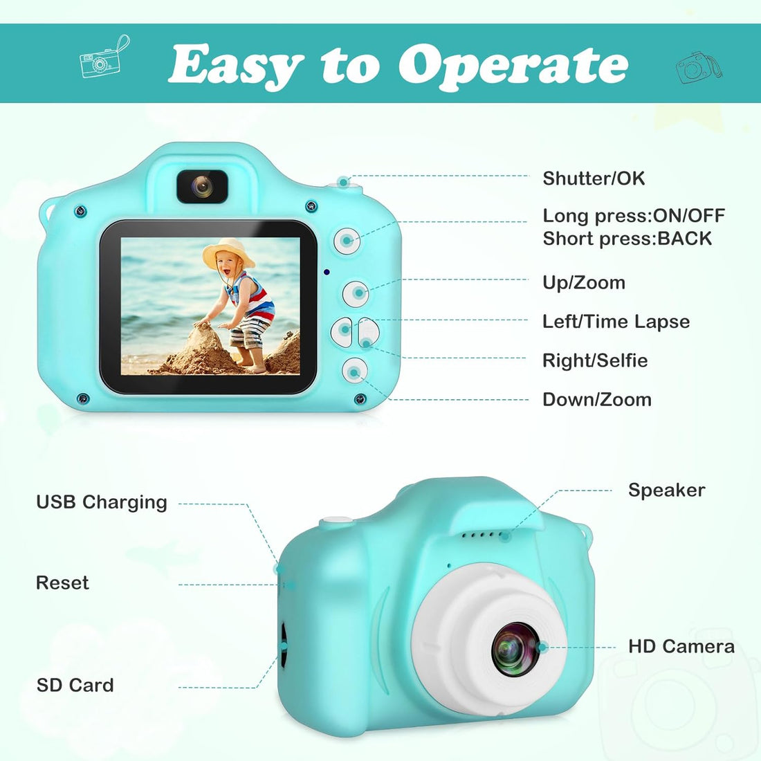 Garvee Kids Digital Video Camera 8MP HD Rechargeable Shockproof Green Toddler Camcorder for Creative Play