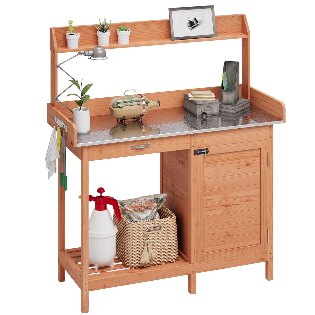Potting Bench-Natural Wood Large Garden Outdoor Work Bench with Cabinet, Metal Tabletop, Sliding Drawer, Open Shelf for Outside
