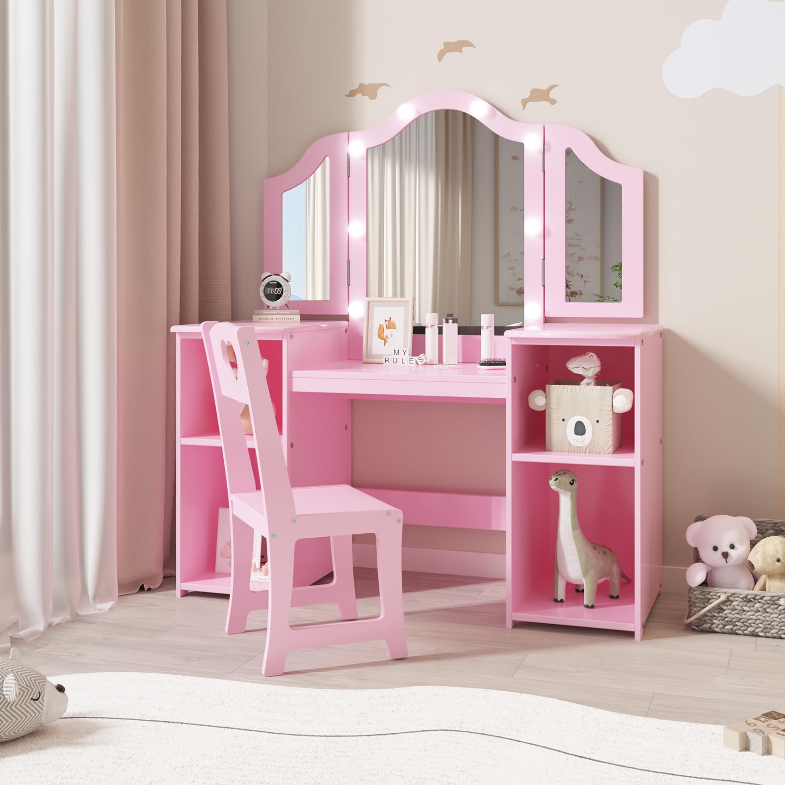 Garvee Kids Vanity Table, Girls Vanity with Touch Light Detachable Tri-Folding Mirror, Open Storage Shelves, Wood Makeup Playset with Chair, Princess Garvee Kids Vanity Table, Girls Vanity with Touch Light Detachable Tri-Folding Mirror, Open Storage Shelves, Wood Makeup Playset with Chair, Princess