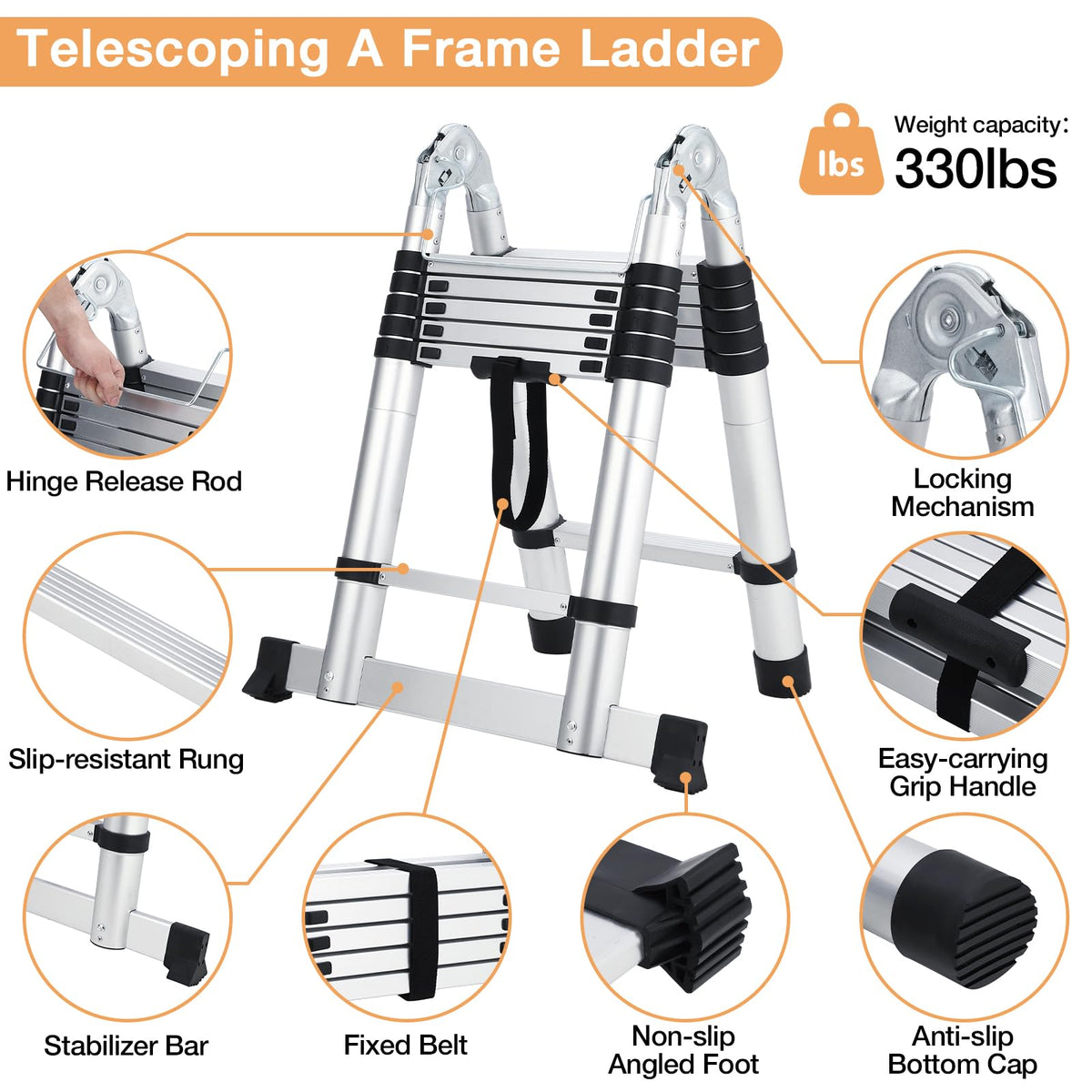 GARVEE telescoping A frame ladder with locking mechanism non-slip rung stabilizer bar and 330 lb capacity